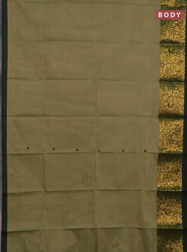 Chettinad cotton saree elaichi green and bottle green with thread woven buttas and long zari woven border