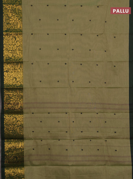 Chettinad cotton saree elaichi green and bottle green with thread woven buttas and long zari woven border