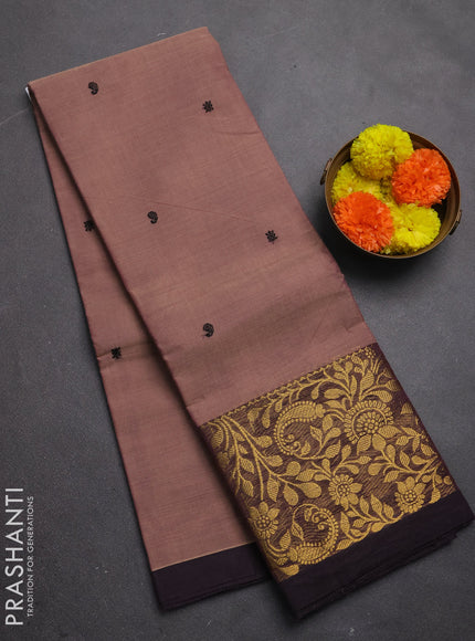 Chettinad cotton saree brown and deep purple with thread woven buttas and long zari woven border