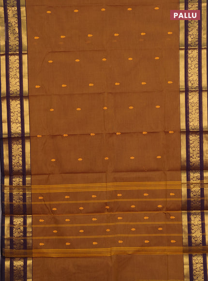 Chettinad cotton saree dark mustard and deep purple with thread woven buttas and zari woven border