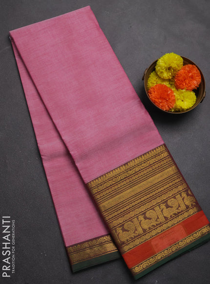 Chettinad cotton saree pastel pink and orange green with plain body and long rettapet zari woven border