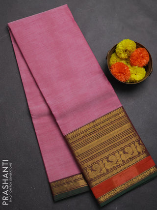 Chettinad cotton saree pastel pink and orange green with plain body and long rettapet zari woven border