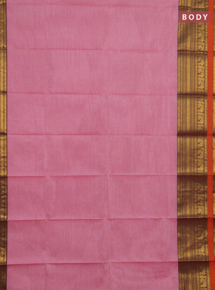 Chettinad cotton saree pastel pink and orange green with plain body and long rettapet zari woven border