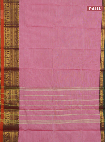 Chettinad cotton saree pastel pink and orange green with plain body and long rettapet zari woven border