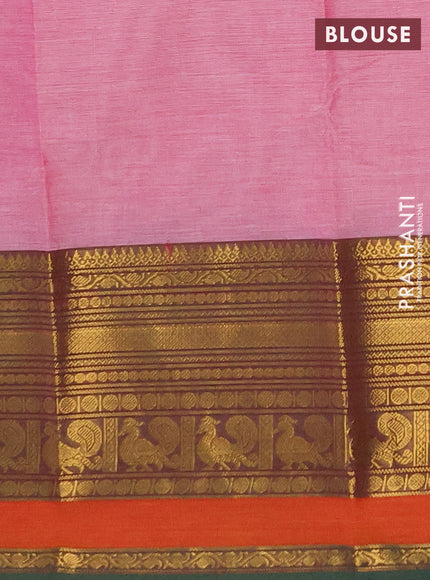 Chettinad cotton saree pastel pink and orange green with plain body and long rettapet zari woven border