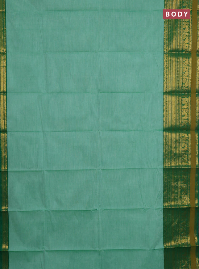 Chettinad cotton saree teal green and green with plain body and long zari woven border