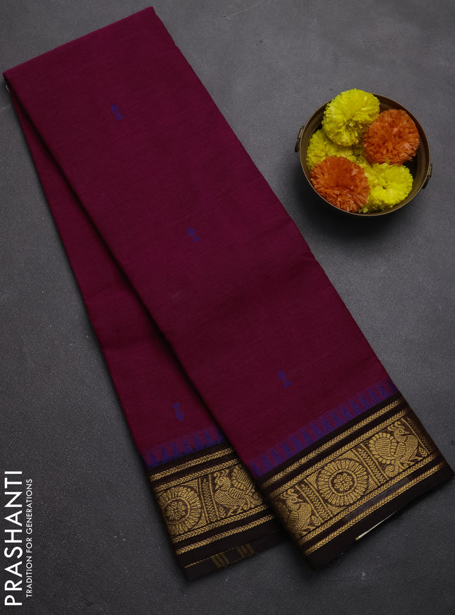 Chettinad cotton saree dark magenta pink and coffee brown with thread woven buttas and temple design zari woven border