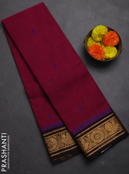 Chettinad cotton saree dark magenta pink and coffee brown with thread woven buttas and temple design zari woven border