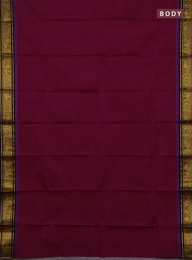 Chettinad cotton saree dark magenta pink and coffee brown with thread woven buttas and temple design zari woven border