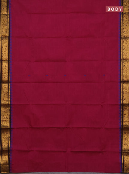 Chettinad cotton saree dark magenta pink and coffee brown with thread woven buttas and temple design zari woven border