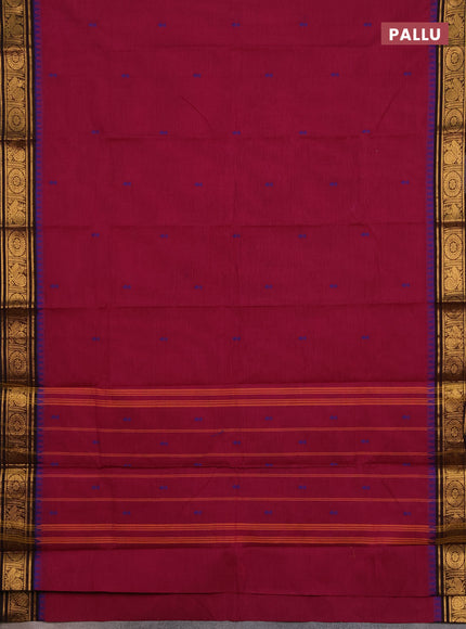 Chettinad cotton saree dark magenta pink and coffee brown with thread woven buttas and temple design zari woven border