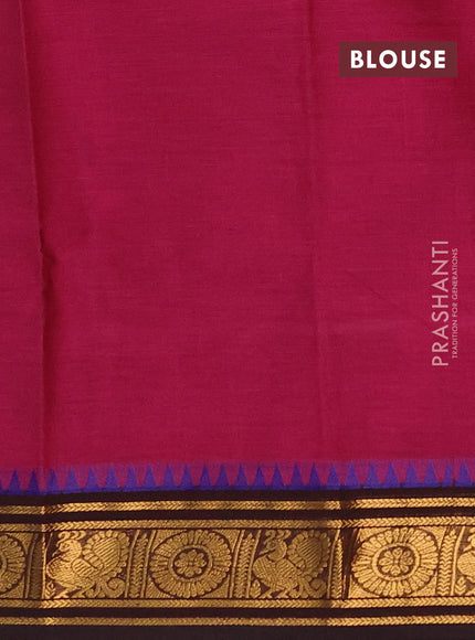 Chettinad cotton saree dark magenta pink and coffee brown with thread woven buttas and temple design zari woven border