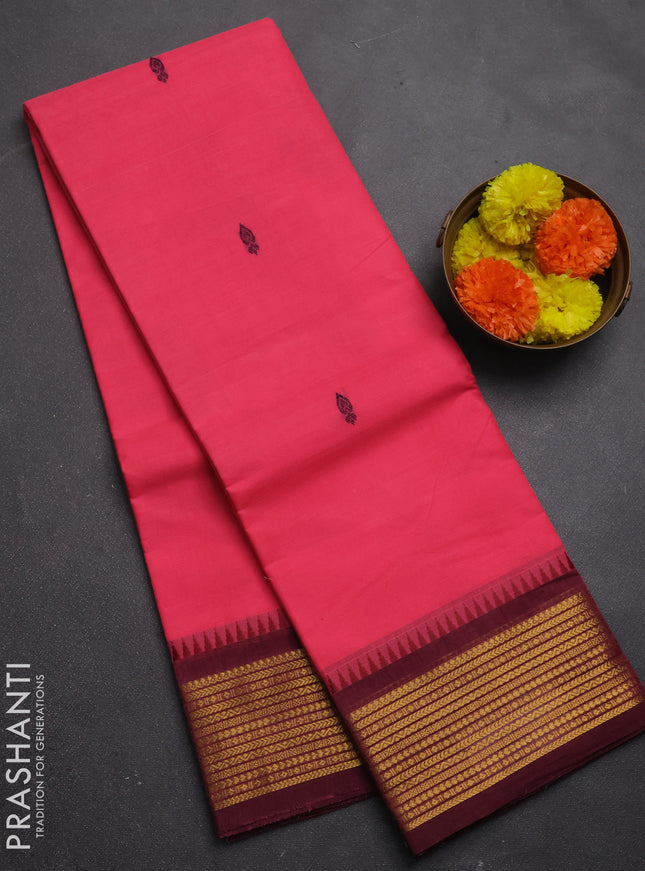 Chettinad cotton saree candy pink and mauve pink with thread woven buttas and temple design zari woven border