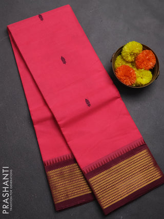 Chettinad cotton saree candy pink and mauve pink with thread woven buttas and temple design zari woven border