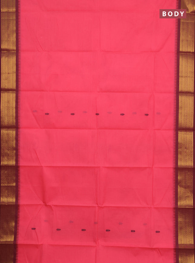 Chettinad cotton saree candy pink and mauve pink with thread woven buttas and temple design zari woven border