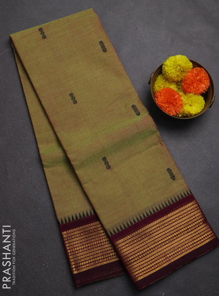 Chettinad cotton saree dual shade of pinkish green and dark magenta pink with thread woven buttas and temple design zari woven border