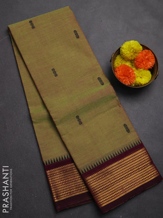Chettinad cotton saree dual shade of pinkish green and dark magenta pink with thread woven buttas and temple design zari woven border