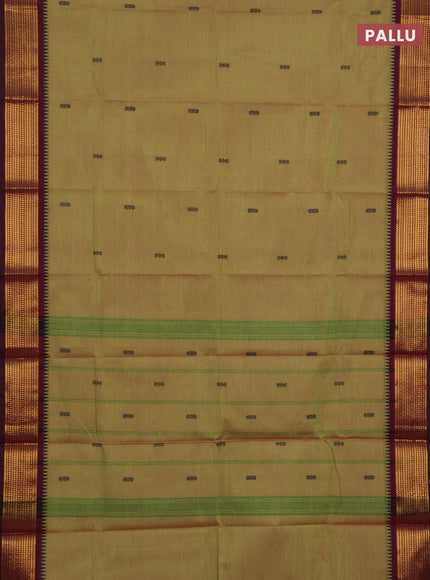 Chettinad cotton saree dual shade of pinkish green and dark magenta pink with thread woven buttas and temple design zari woven border