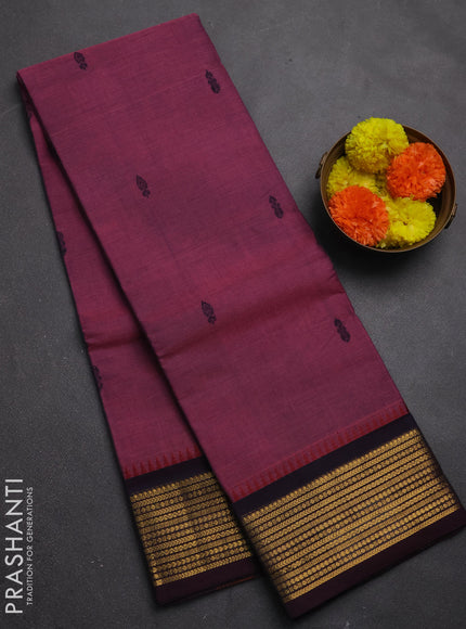Chettinad cotton saree mauve pink and jamun with thread woven buttas and temple design zari woven border