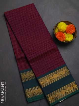 Chettinad cotton saree purple and peacock green with allover checked pattern and rettapet zari woven border