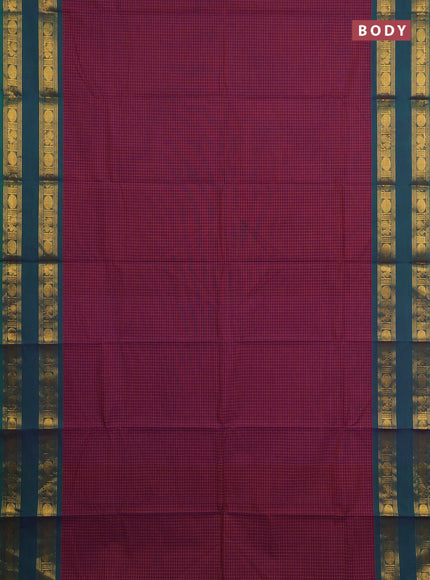 Chettinad cotton saree purple and peacock green with allover checked pattern and rettapet zari woven border