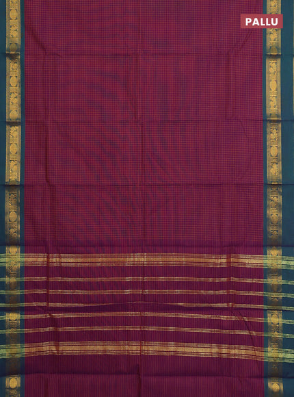 Chettinad cotton saree purple and peacock green with allover checked pattern and rettapet zari woven border