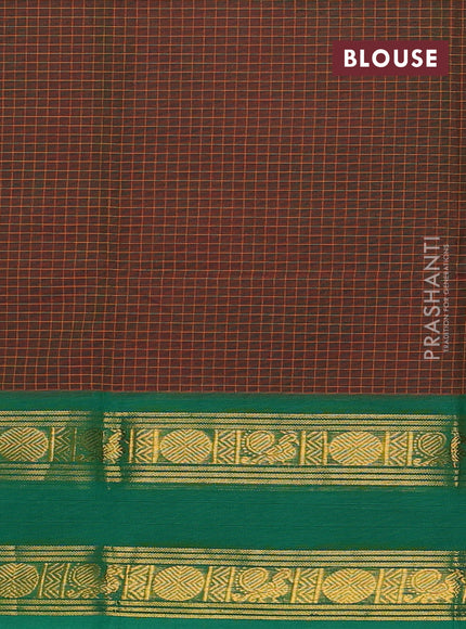 Chettinad cotton saree dual shade of green and green with allover checked pattern and rettapet zari woven border
