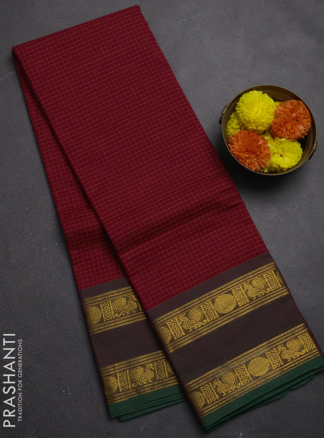 Chettinad cotton saree dark pink and green with allover checked pattern and rettapet zari woven border