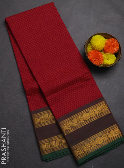 Chettinad cotton saree dark pink and green with allover checked pattern and rettapet zari woven border