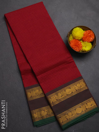 Chettinad cotton saree dark pink and green with allover checked pattern and rettapet zari woven border