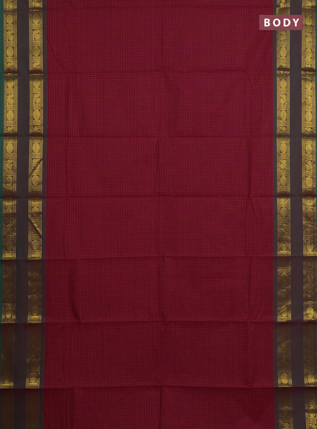 Chettinad cotton saree dark pink and green with allover checked pattern and rettapet zari woven border