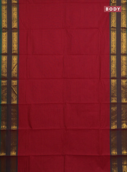 Chettinad cotton saree dark pink and green with allover checked pattern and rettapet zari woven border