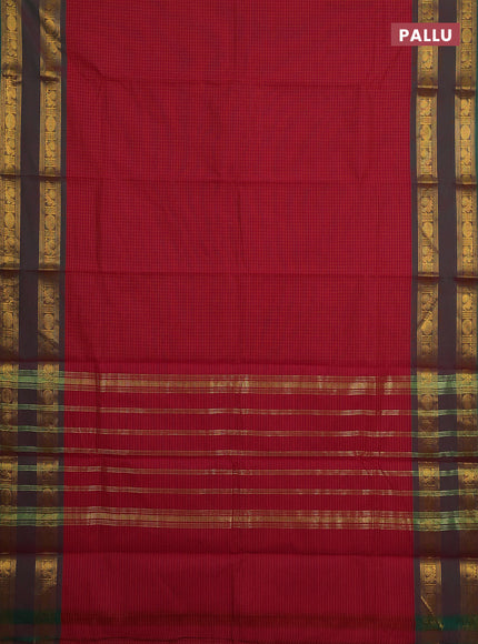 Chettinad cotton saree dark pink and green with allover checked pattern and rettapet zari woven border