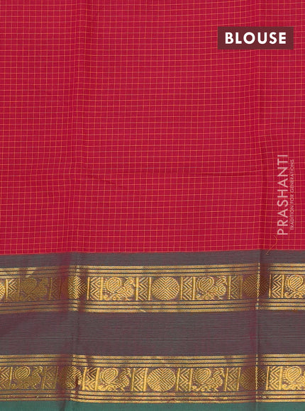 Chettinad cotton saree dark pink and green with allover checked pattern and rettapet zari woven border
