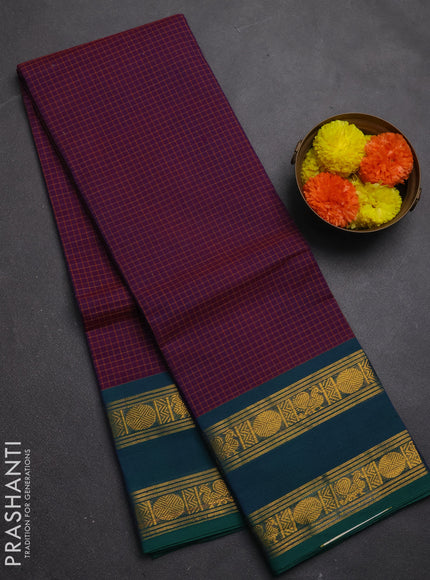 Chettinad cotton saree purple and teal green with allover checked pattern and rettapet zari woven border