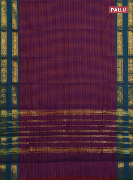 Chettinad cotton saree purple and teal green with allover checked pattern and rettapet zari woven border