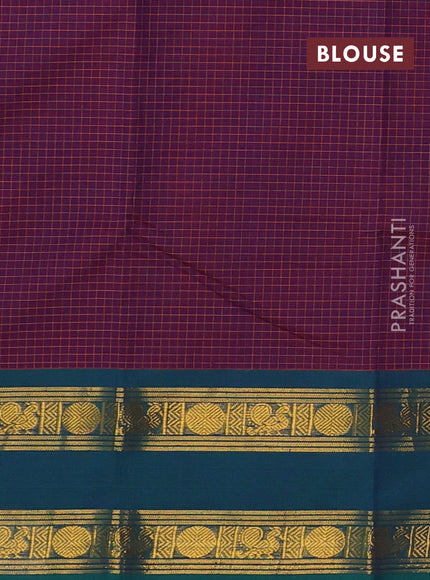 Chettinad cotton saree purple and teal green with allover checked pattern and rettapet zari woven border