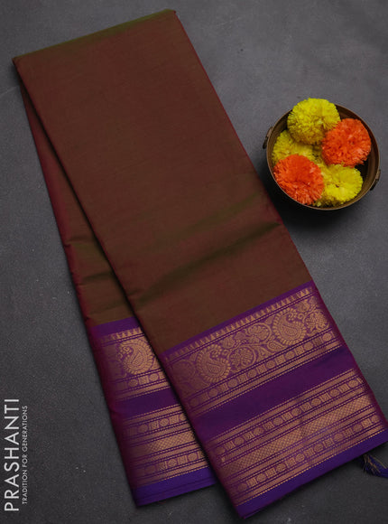 Chettinad cotton saree dual shade of greenish pink and purple with plain body and rettapet zari woven border