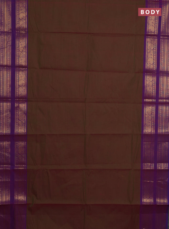 Chettinad cotton saree dual shade of greenish pink and purple with plain body and rettapet zari woven border
