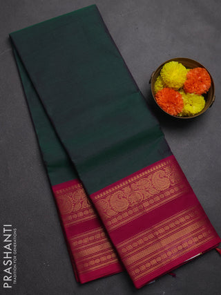 Chettinad cotton saree green and pink with plain body and rettapet zari woven border