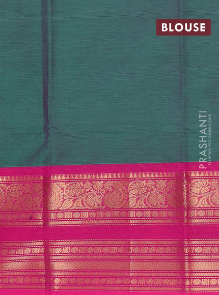 Chettinad cotton saree green and pink with plain body and rettapet zari woven border