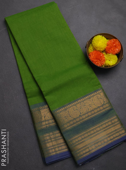 Chettinad cotton saree sap green and blue with plain body and rettapet zari woven border