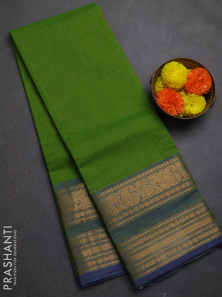 Chettinad cotton saree sap green and blue with plain body and rettapet zari woven border