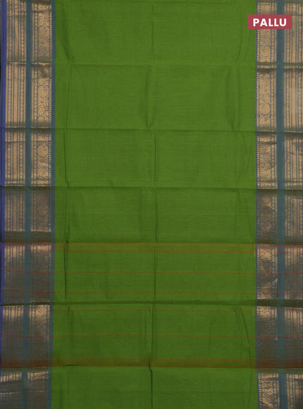 Chettinad cotton saree sap green and blue with plain body and rettapet zari woven border