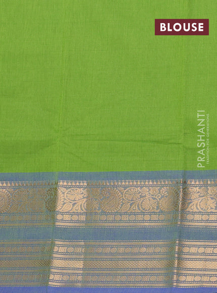 Chettinad cotton saree sap green and blue with plain body and rettapet zari woven border