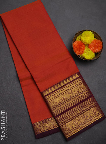 Chettinad cotton saree rust shade and deep purple with plain body and long rettapet zari woven border