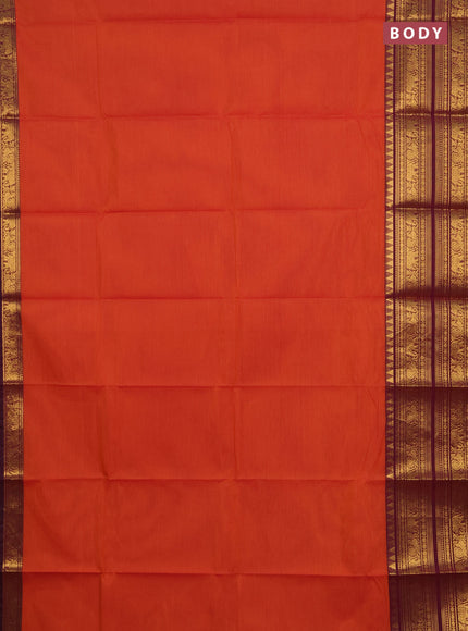 Chettinad cotton saree rust shade and deep purple with plain body and long rettapet zari woven border