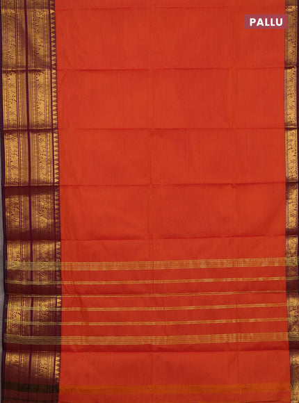 Chettinad cotton saree rust shade and deep purple with plain body and long rettapet zari woven border
