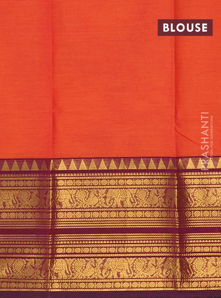 Chettinad cotton saree rust shade and deep purple with plain body and long rettapet zari woven border