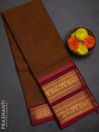Chettinad cotton saree dark mustard and pink with plain body and long rettapet zari woven border